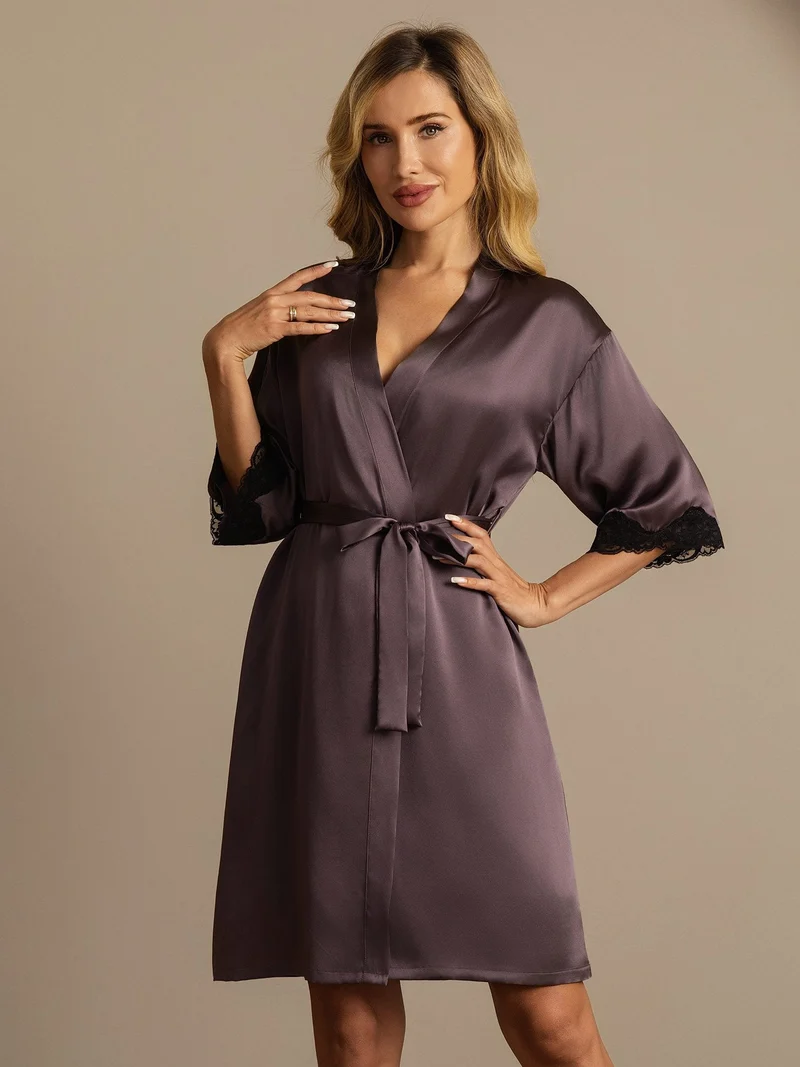 Reine Seide Basic-Damen-Morgenmantel mit Spitze