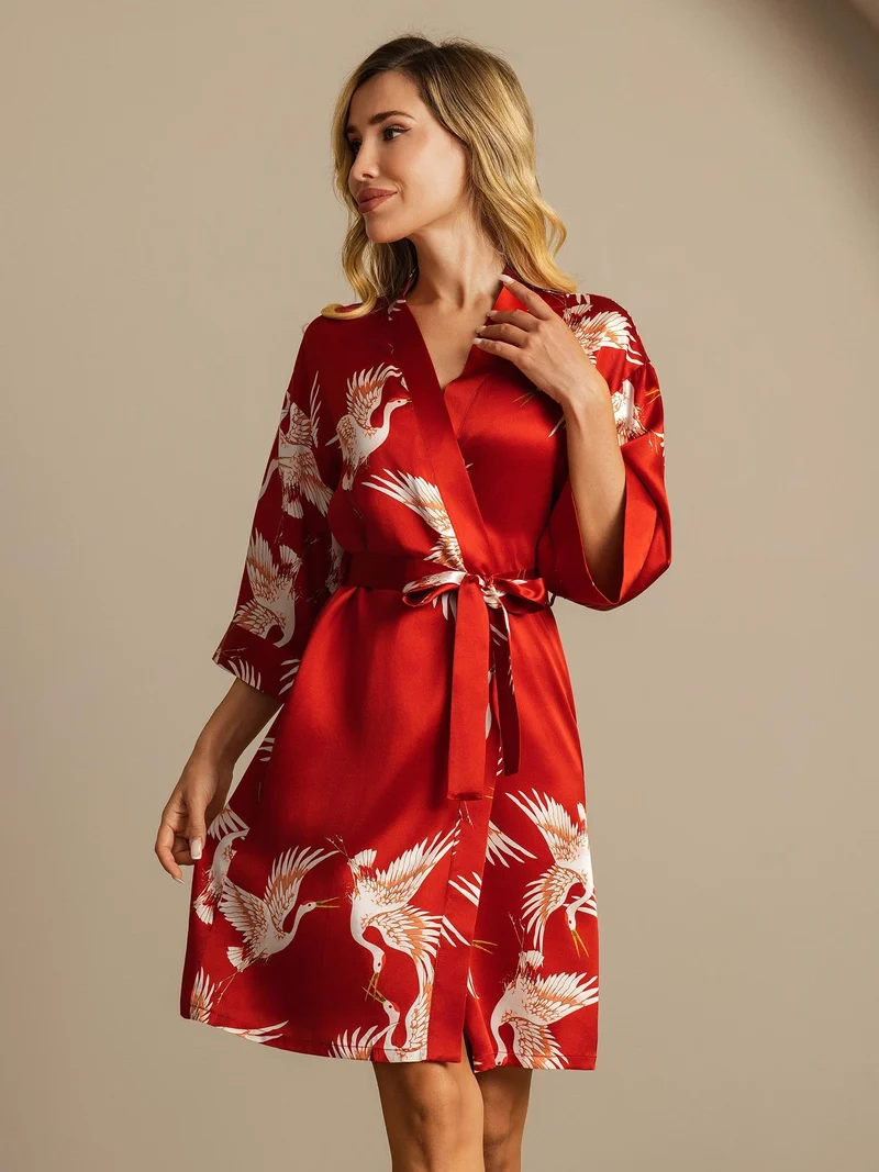 19 Momme 100% Maulbeerseide Damen-Wickelkimono mit Kranichmuster und Gürtel