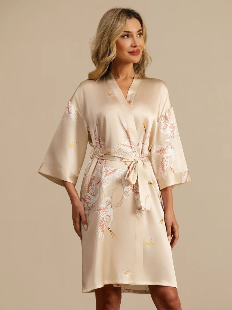 19 Momme 100% Maulbeerseide Damen-Wickelkimono mit Kranichmuster und Gürtel
