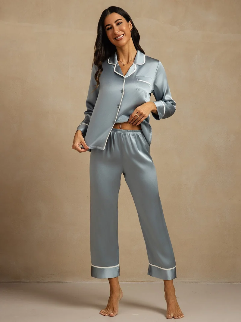 100% Maulbeerseide klassisches Langarm-Pyjama-Set mit Kontrastpaspelierung