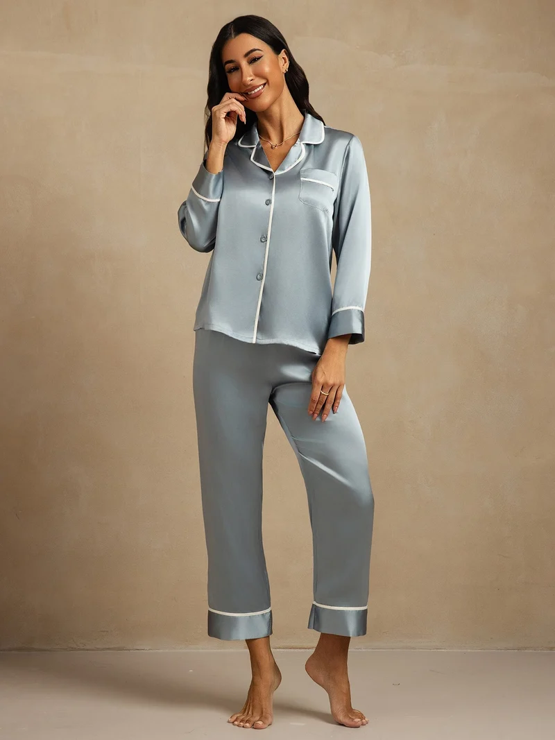 100% Maulbeerseide klassisches Langarm-Pyjama-Set mit Kontrastpaspelierung