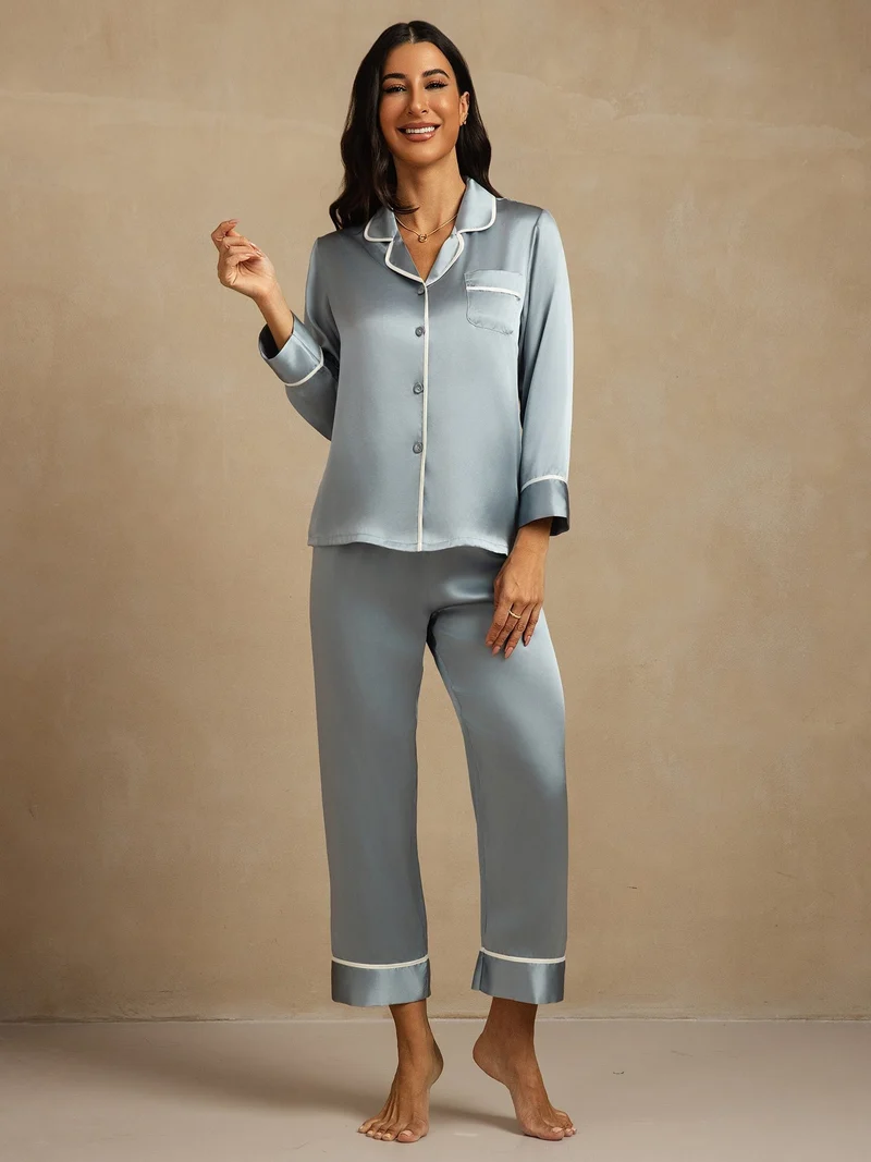100% Maulbeerseide klassisches Langarm-Pyjama-Set mit Kontrastpaspelierung