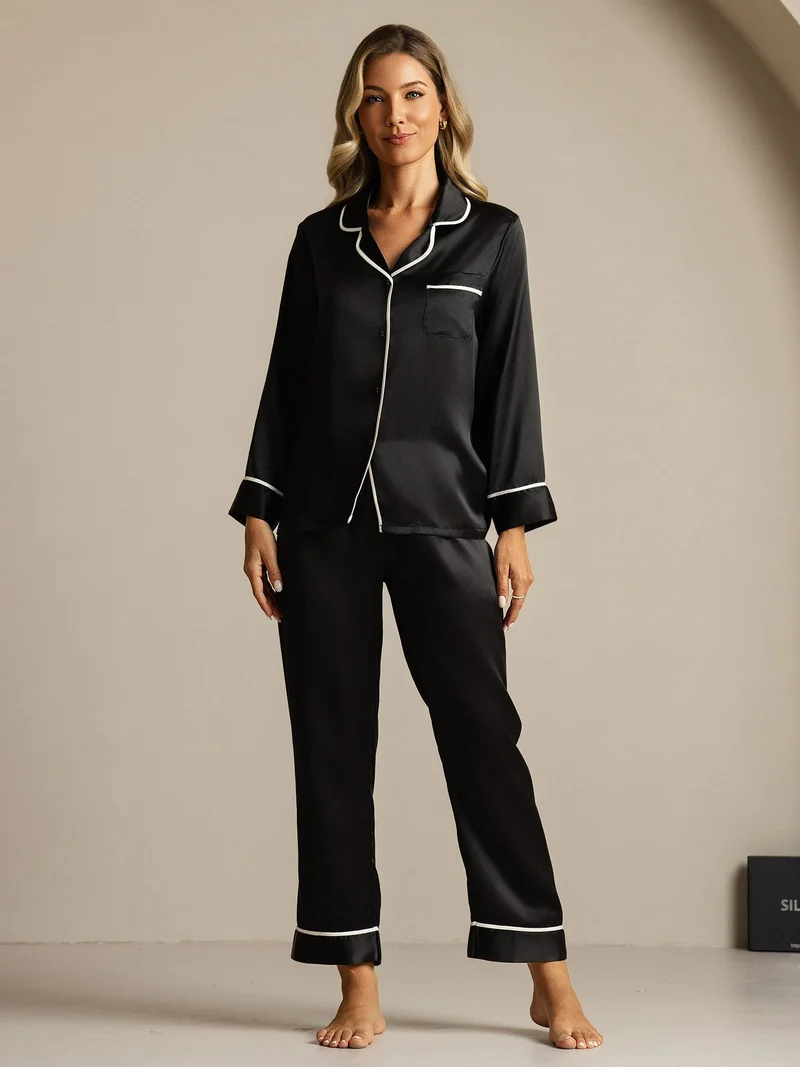 100% Maulbeerseide klassisches Langarm-Pyjama-Set mit Kontrastpaspelierung