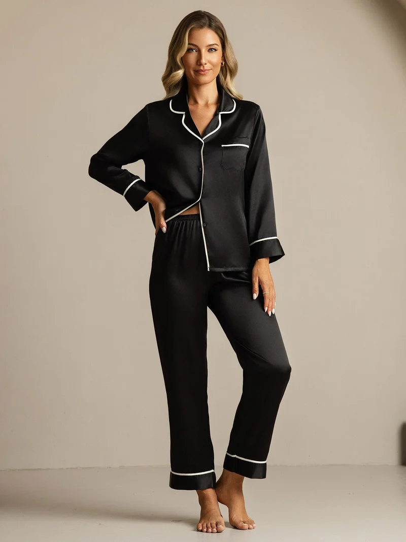 100% Maulbeerseide klassisches Langarm-Pyjama-Set mit Kontrastpaspelierung