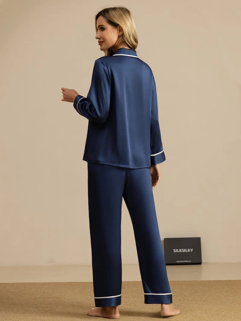 100% Maulbeerseide klassisches Langarm-Pyjama-Set mit Kontrastpaspelierung