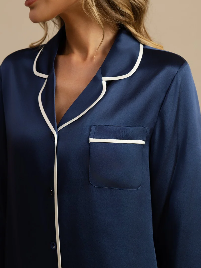 100% Maulbeerseide klassisches Langarm-Pyjama-Set mit Kontrastpaspelierung