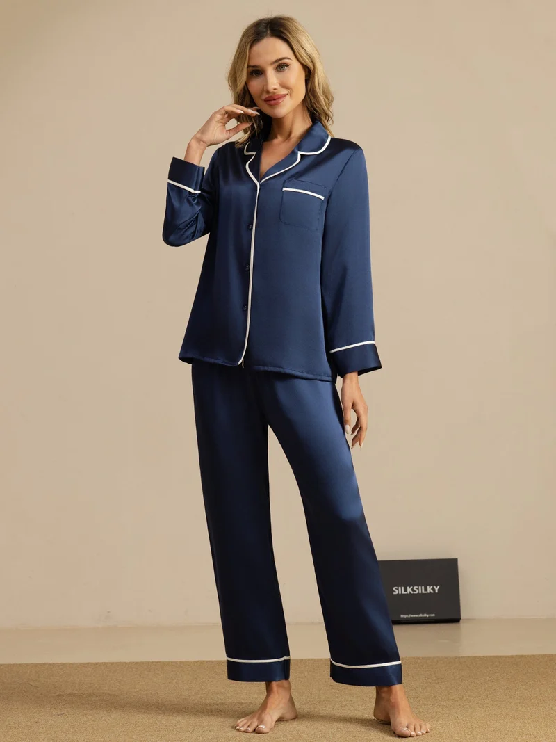 100% Maulbeerseide klassisches Langarm-Pyjama-Set mit Kontrastpaspelierung