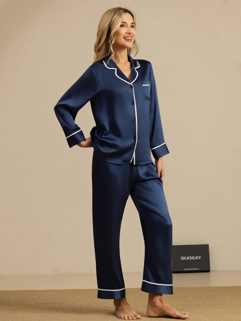 100% Maulbeerseide klassisches Langarm-Pyjama-Set mit Kontrastpaspelierung