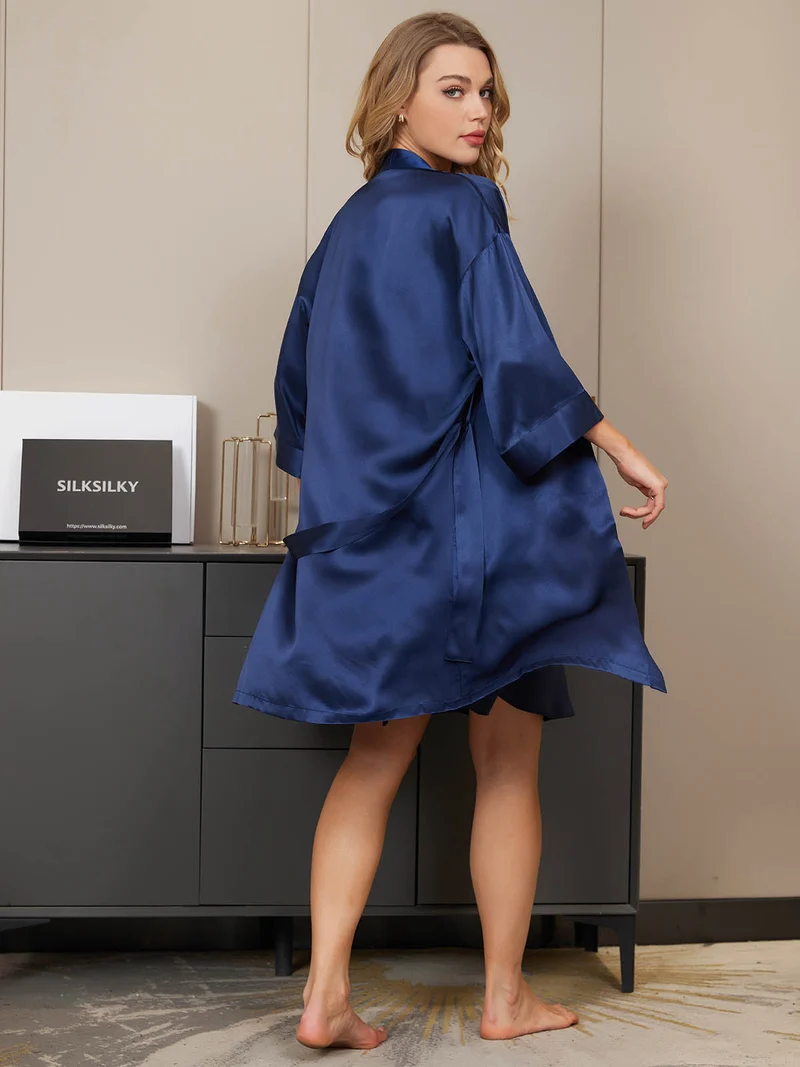 100% Maulbeerseide Set mit V-Ausschnitt-Nachthemd und Kimono-Morgenmantel