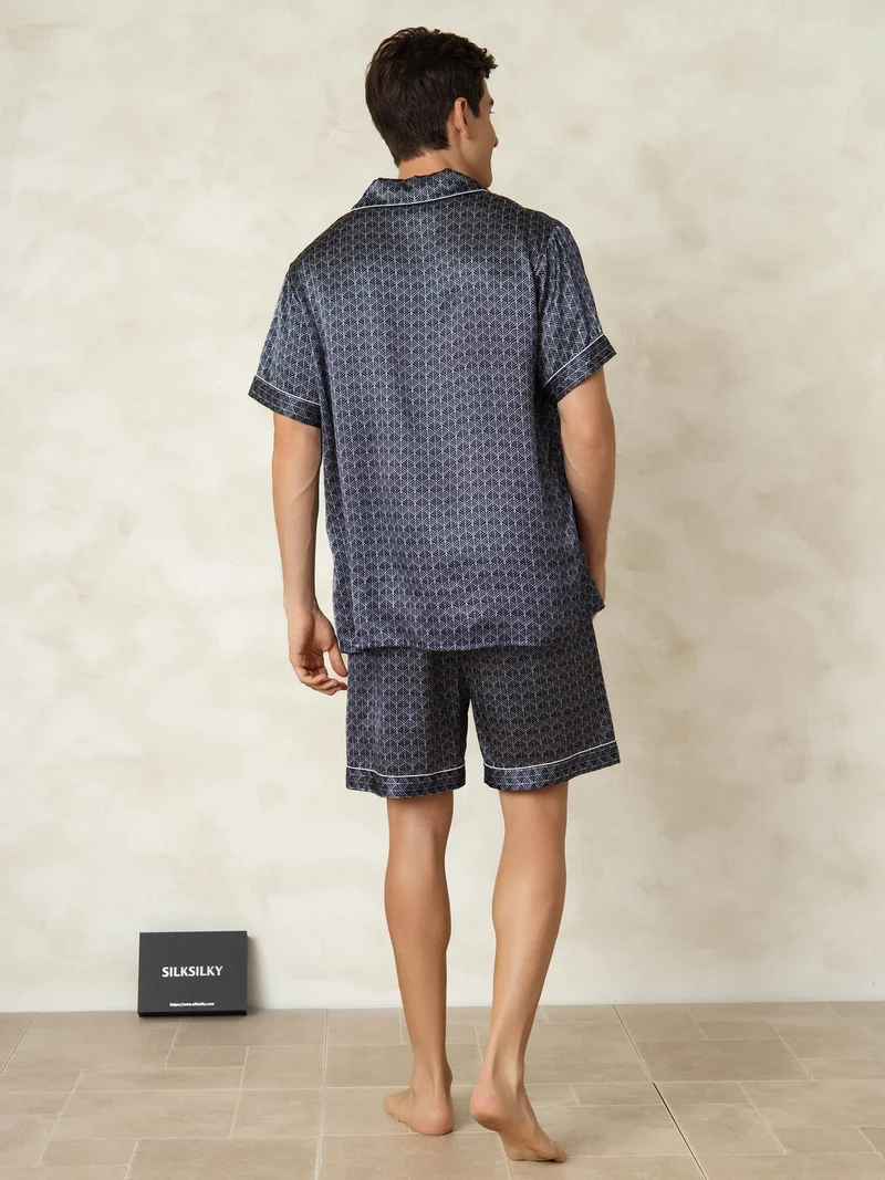 100% Maulbeerseide Herren-Kurzarm-Pyjama-Set mit Ginkgomuster und Reverskragen