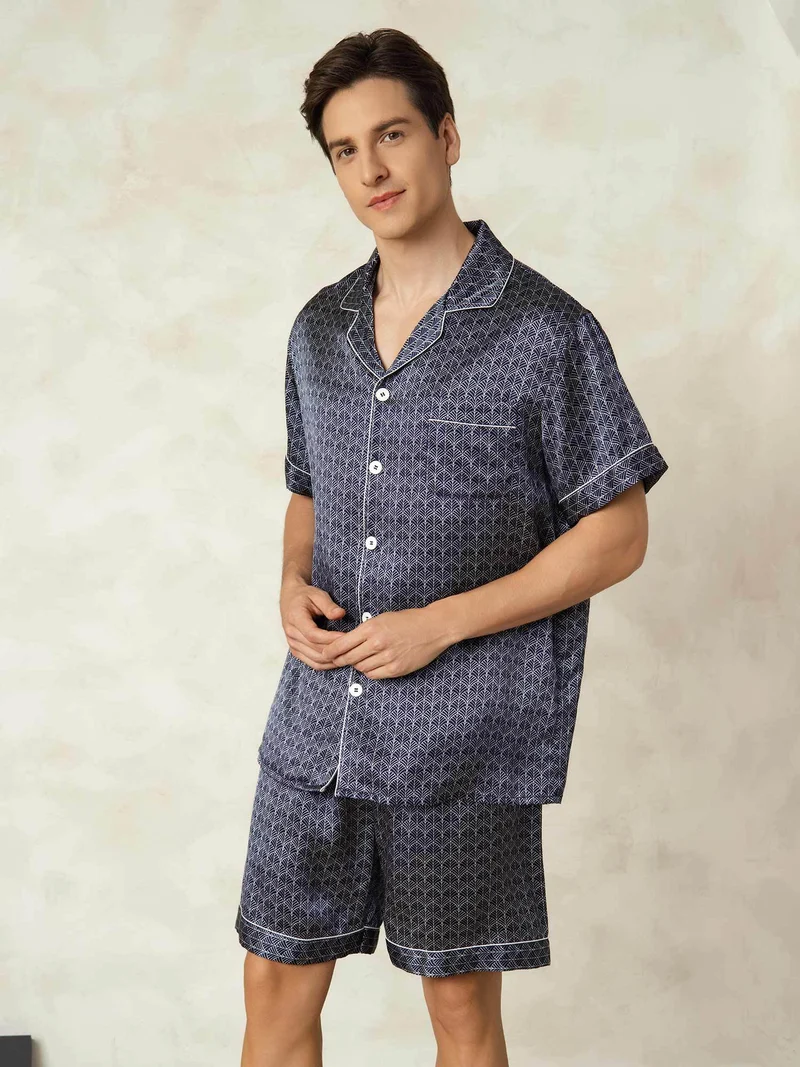 100% Maulbeerseide Herren-Kurzarm-Pyjama-Set mit Ginkgomuster und Reverskragen