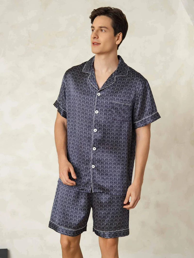 100% Maulbeerseide Herren-Kurzarm-Pyjama-Set mit Ginkgomuster und Reverskragen