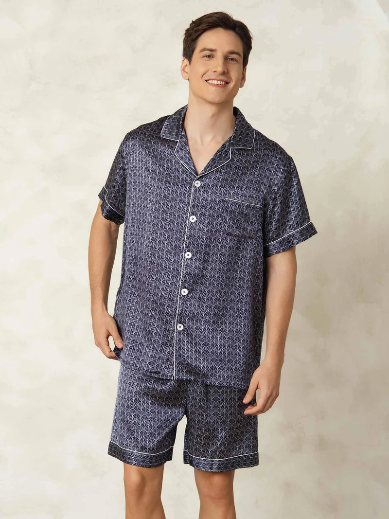100% Maulbeerseide Herren-Kurzarm-Pyjama-Set mit Ginkgomuster und Reverskragen
