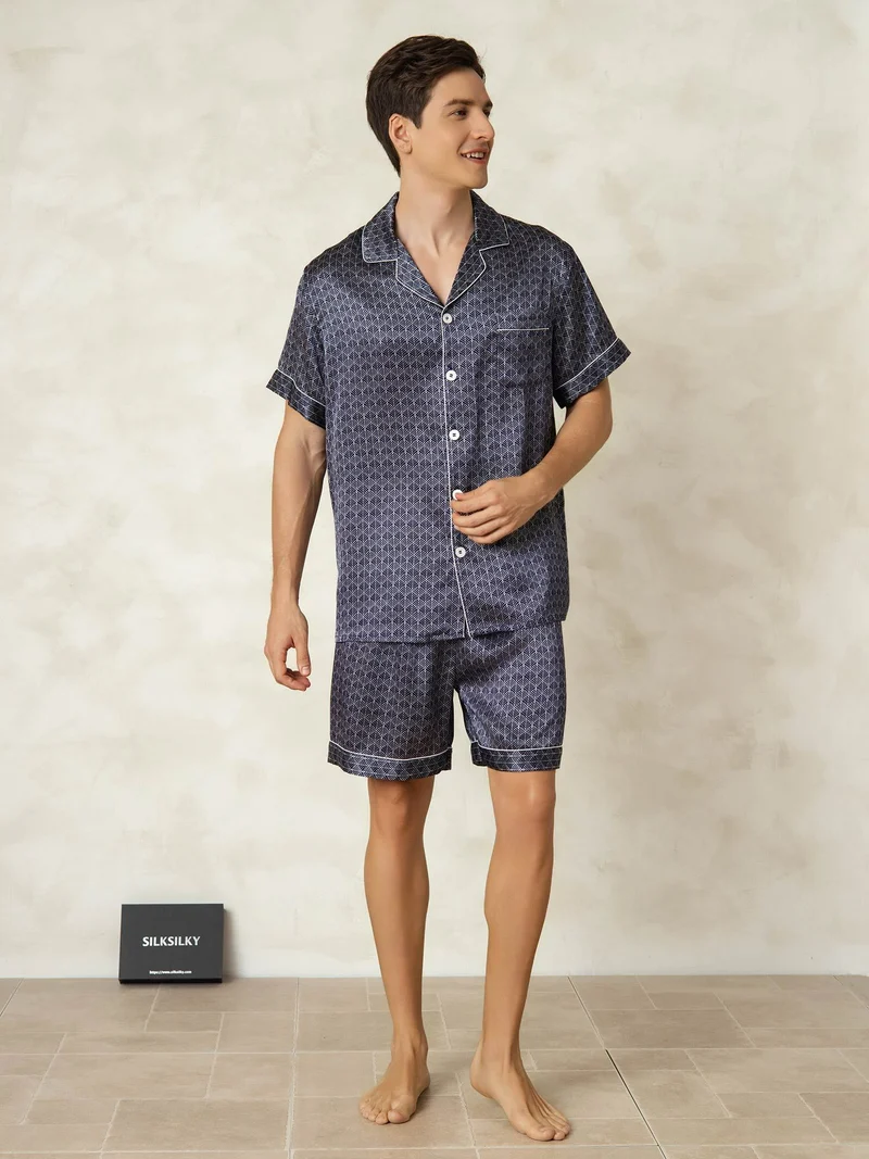 100% Maulbeerseide Herren-Kurzarm-Pyjama-Set mit Ginkgomuster und Reverskragen