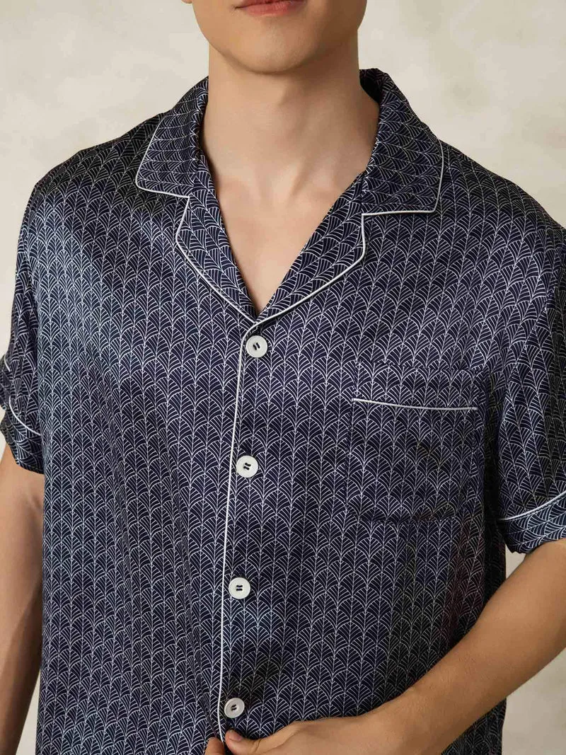 100% Maulbeerseide Herren-Kurzarm-Pyjama-Set mit Ginkgomuster und Reverskragen