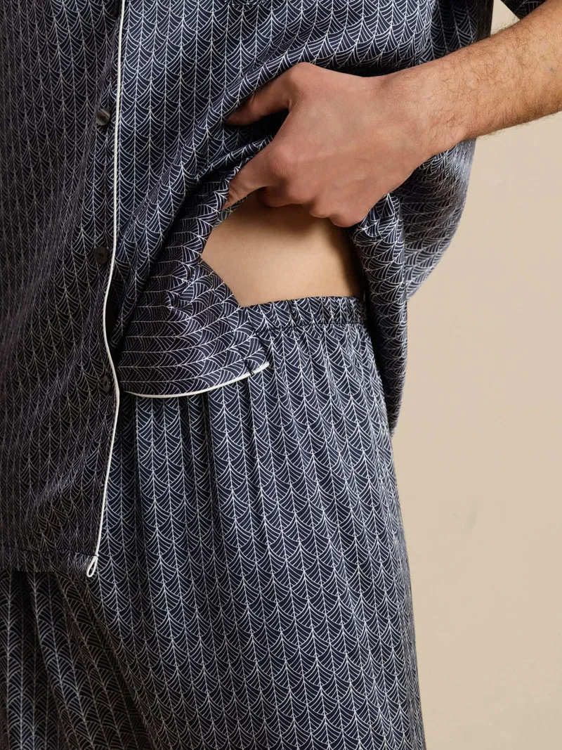100% Maulbeerseide Herren-Kurzarm-Pyjama-Set mit Ginkgomuster und Reverskragen