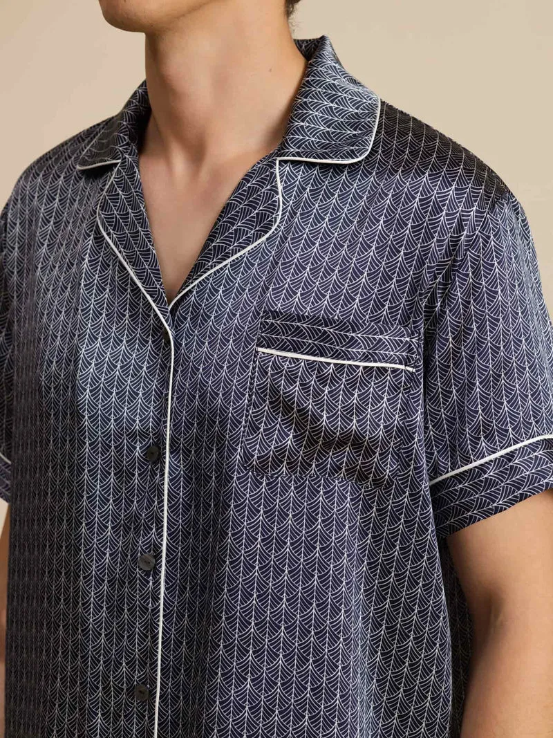 100% Maulbeerseide Herren-Kurzarm-Pyjama-Set mit Ginkgomuster und Reverskragen