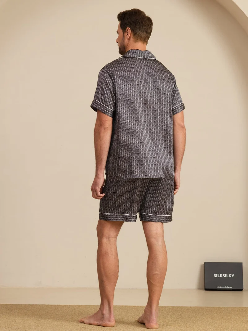 100% Maulbeerseide Herren-Kurzarm-Pyjama-Set mit Ginkgomuster und Reverskragen