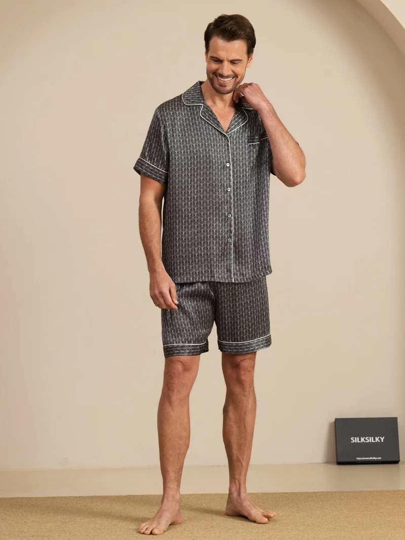 100% Maulbeerseide Herren-Kurzarm-Pyjama-Set mit Ginkgomuster und Reverskragen