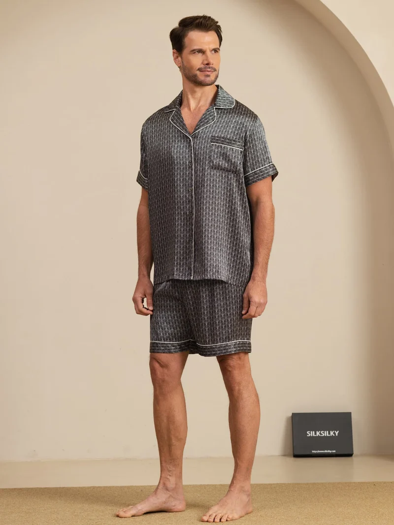 100% Maulbeerseide Herren-Kurzarm-Pyjama-Set mit Ginkgomuster und Reverskragen
