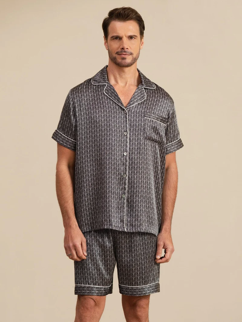 100% Maulbeerseide Herren-Kurzarm-Pyjama-Set mit Ginkgomuster und Reverskragen
