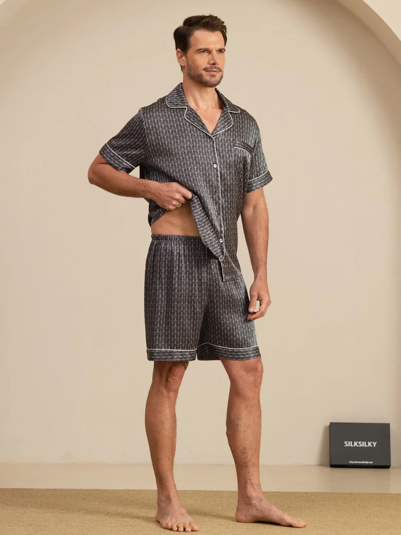 100% Maulbeerseide Herren-Kurzarm-Pyjama-Set mit Ginkgomuster und Reverskragen