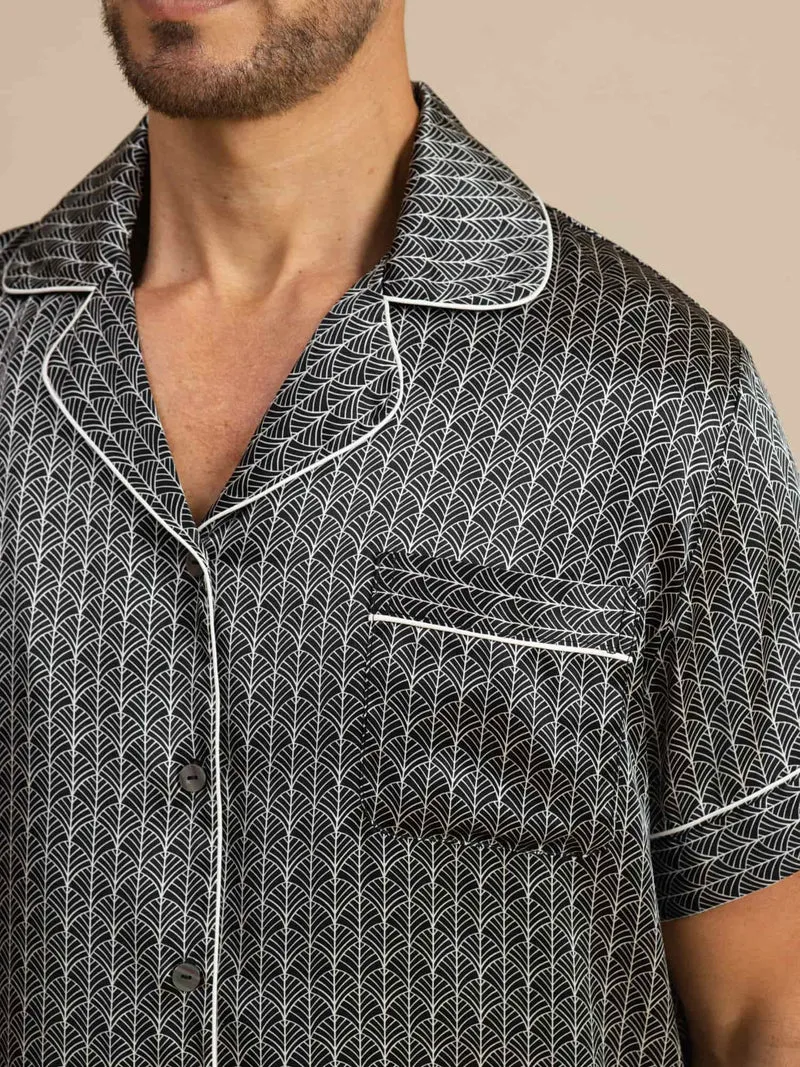 100% Maulbeerseide Herren-Kurzarm-Pyjama-Set mit Ginkgomuster und Reverskragen