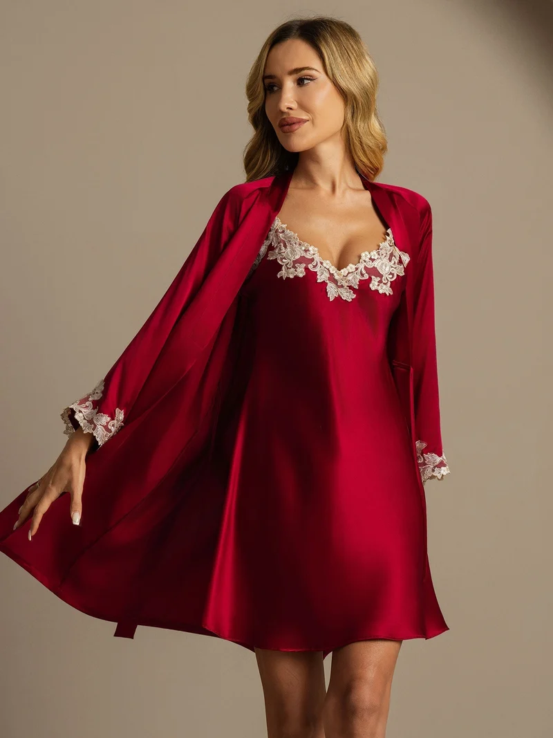 100% Maulbeerseide elegantes 2-teiliges Set mit Spitzen-Nachthemd und Morgenmantel
