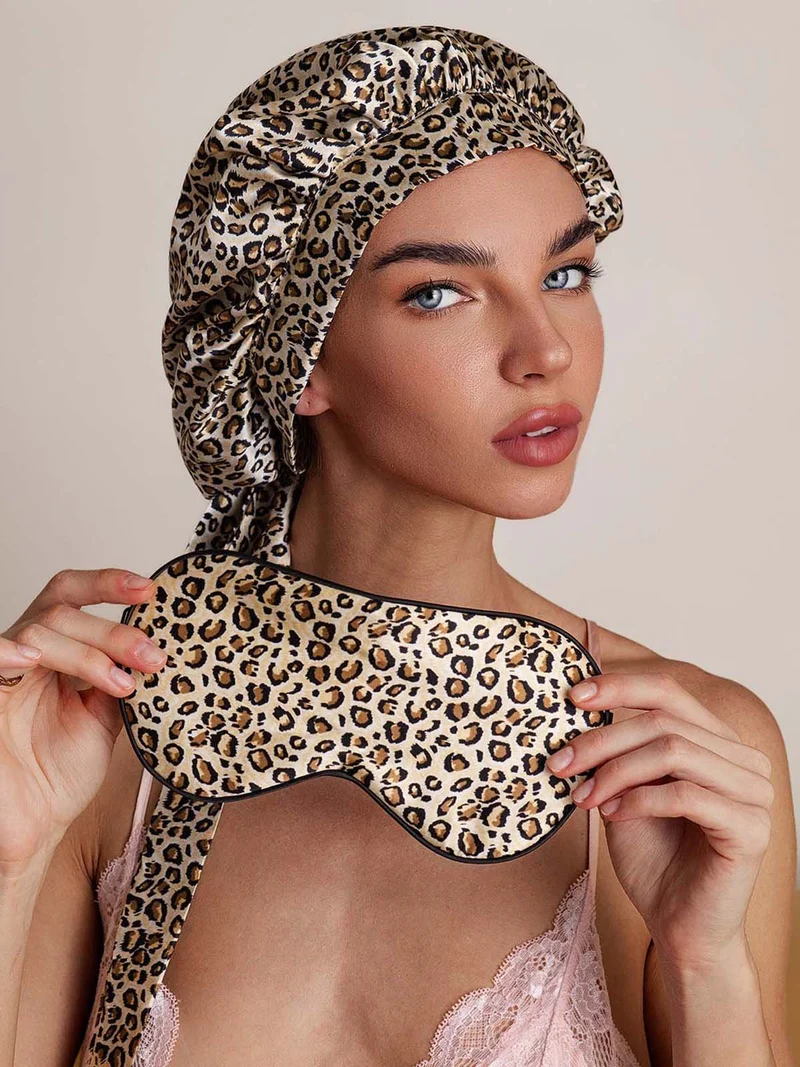 Reine Seide Leopardenmuster-Set mit Schlafhaube und Augenmaske