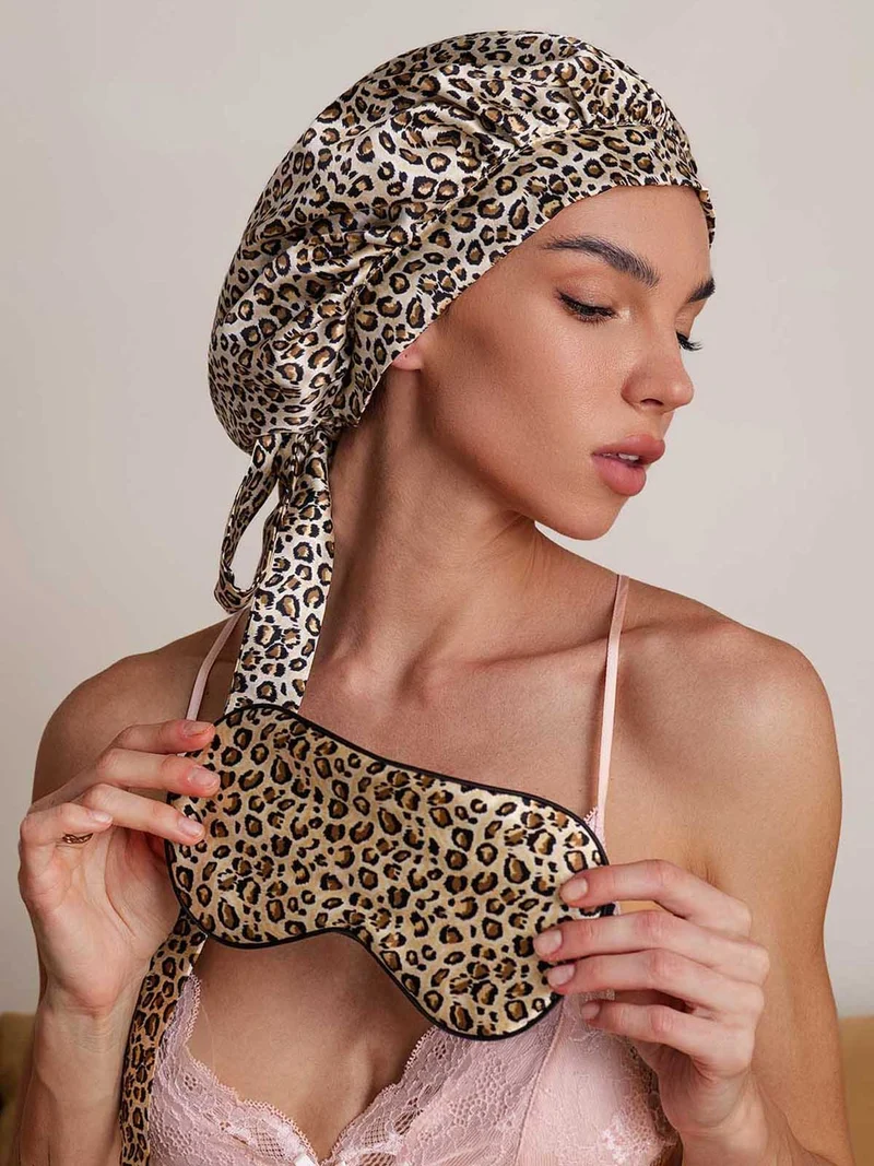 Reine Seide Leopardenmuster-Set mit Schlafhaube und Augenmaske