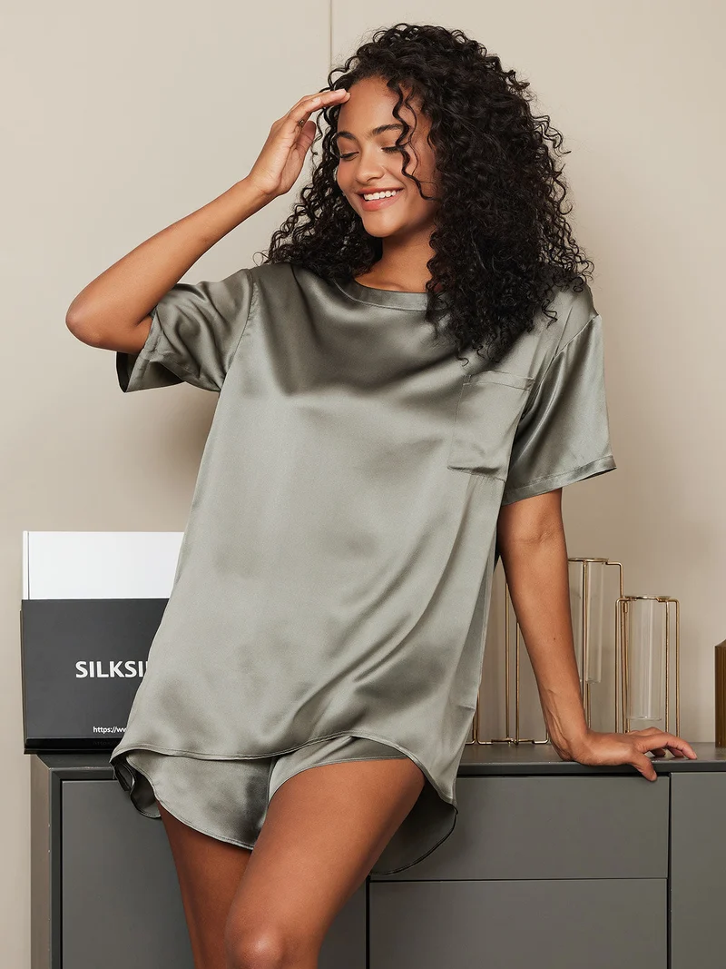 100% Maulbeerseide Damen-Kurzarm-Pyjama-Set mit Rundhalsausschnitt