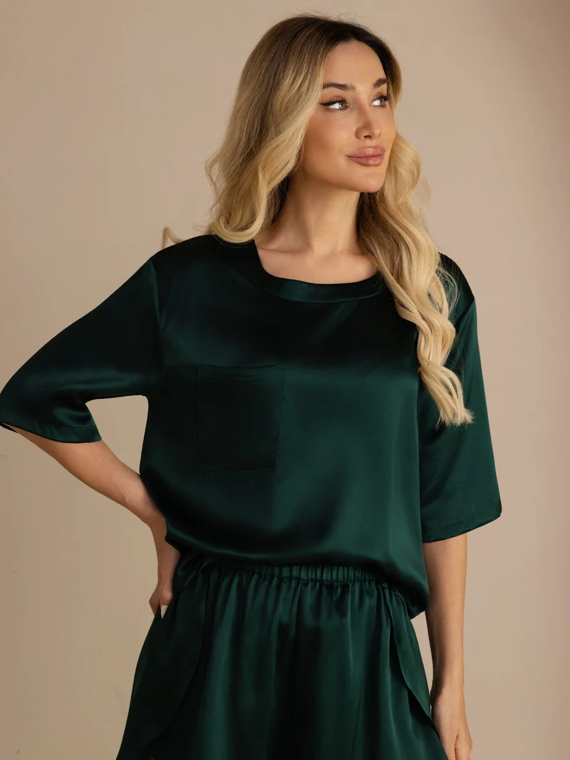100% Maulbeerseide Damen-Kurzarm-Pyjama-Set mit Rundhalsausschnitt