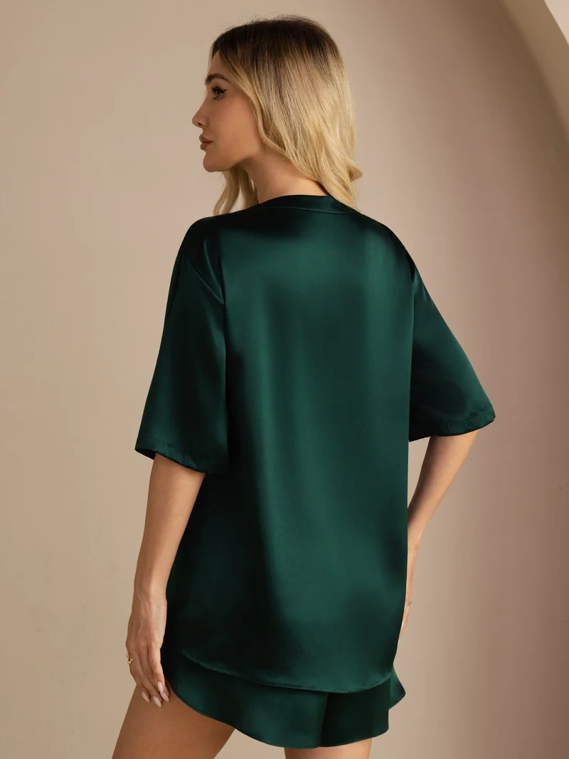 100% Maulbeerseide Damen-Kurzarm-Pyjama-Set mit Rundhalsausschnitt
