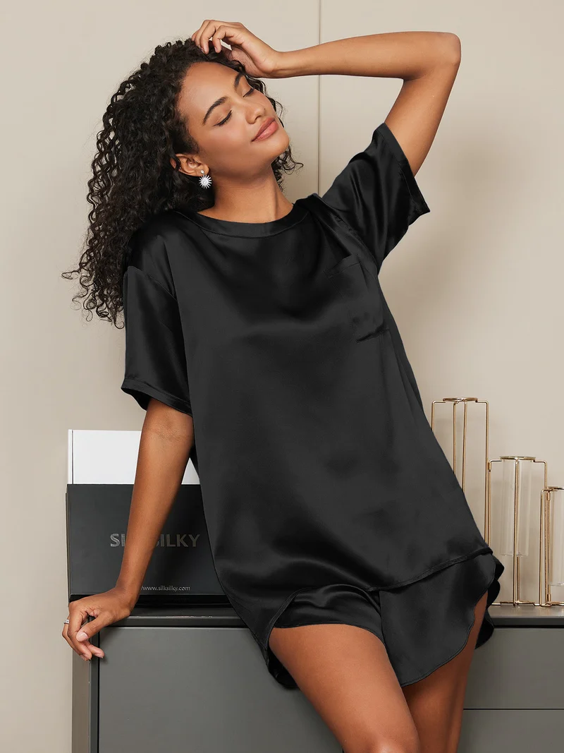 100% Maulbeerseide Damen-Kurzarm-Pyjama-Set mit Rundhalsausschnitt