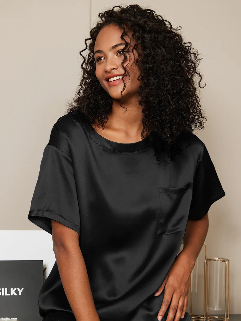100% Maulbeerseide Damen-Kurzarm-Pyjama-Set mit Rundhalsausschnitt