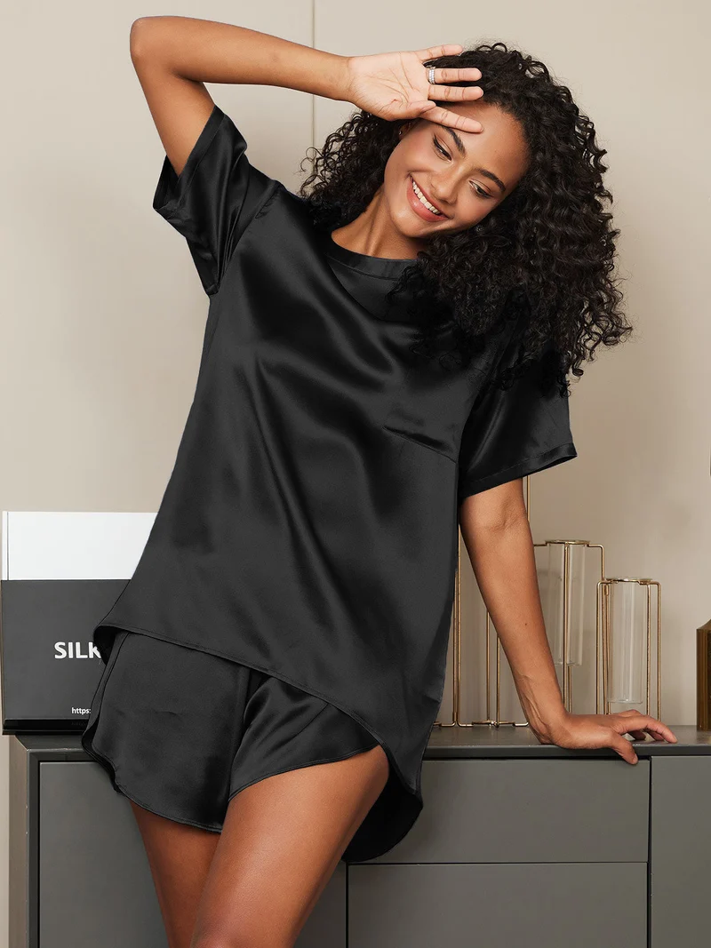 100% Maulbeerseide Damen-Kurzarm-Pyjama-Set mit Rundhalsausschnitt