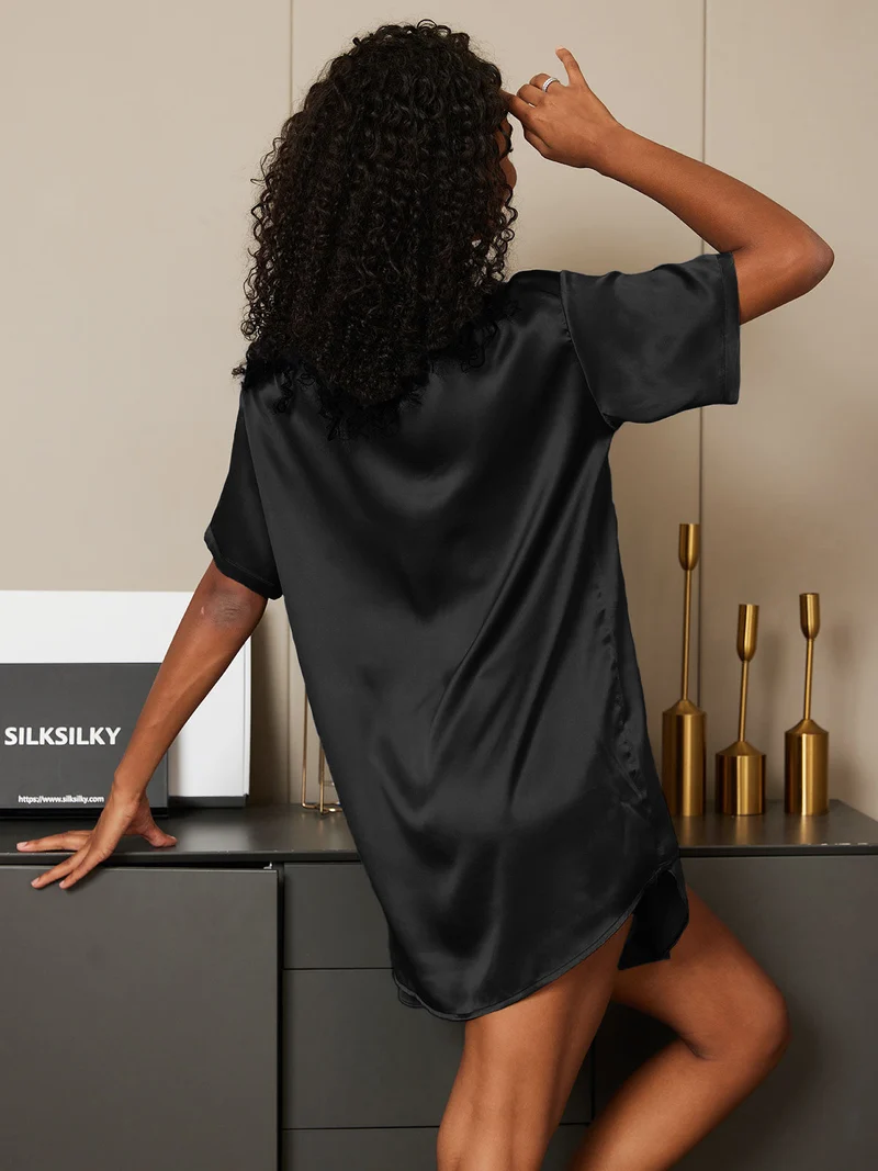 100% Maulbeerseide Damen-Kurzarm-Pyjama-Set mit Rundhalsausschnitt