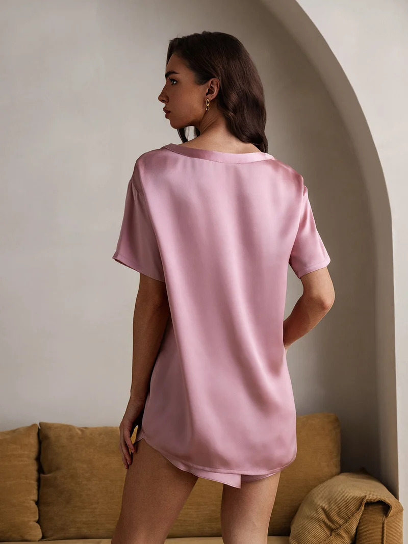 100% Maulbeerseide Damen-Kurzarm-Pyjama-Set mit Rundhalsausschnitt
