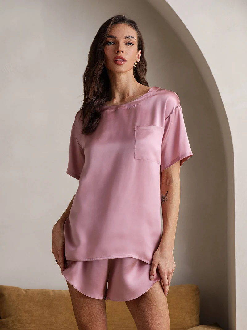 100% Maulbeerseide Damen-Kurzarm-Pyjama-Set mit Rundhalsausschnitt