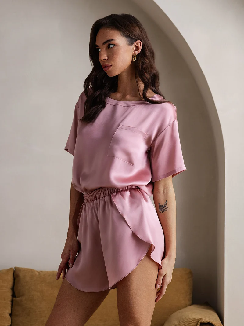 100% Maulbeerseide Damen-Kurzarm-Pyjama-Set mit Rundhalsausschnitt