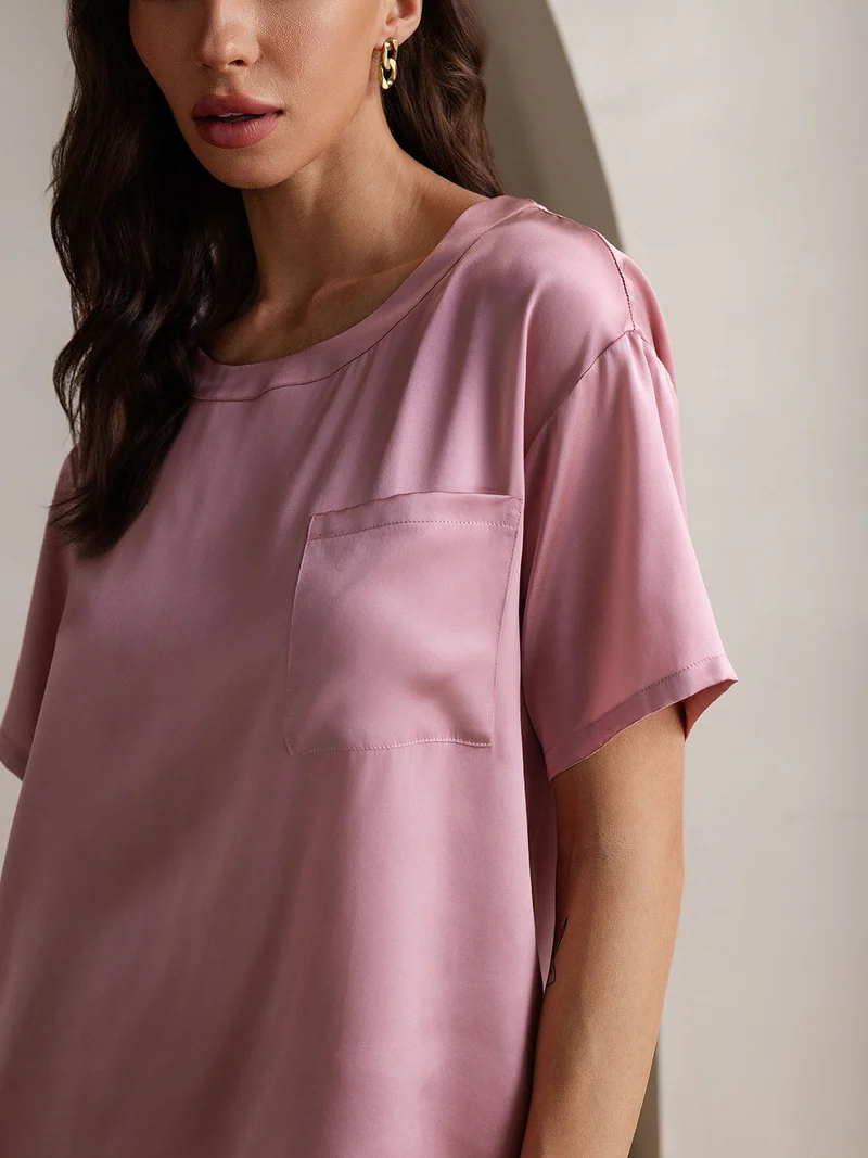100% Maulbeerseide Damen-Kurzarm-Pyjama-Set mit Rundhalsausschnitt
