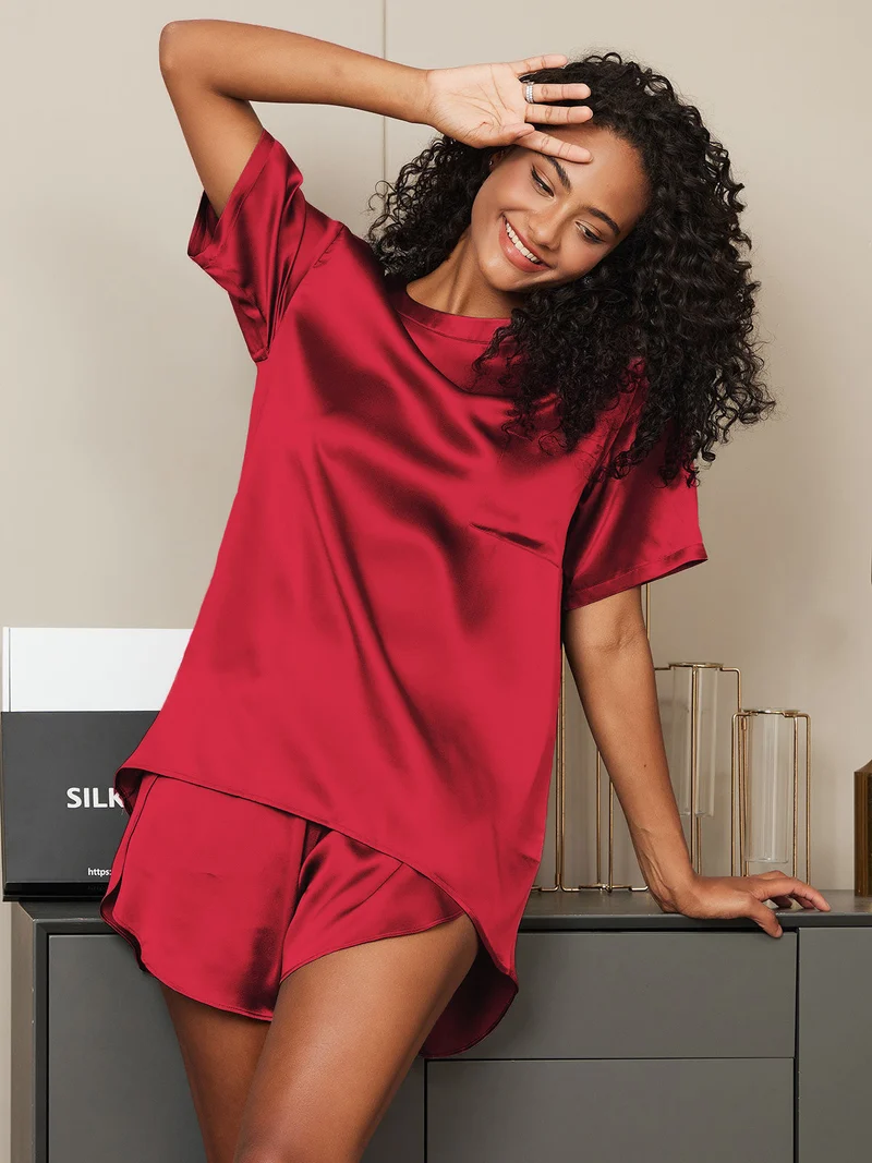 100% Maulbeerseide Damen-Kurzarm-Pyjama-Set mit Rundhalsausschnitt
