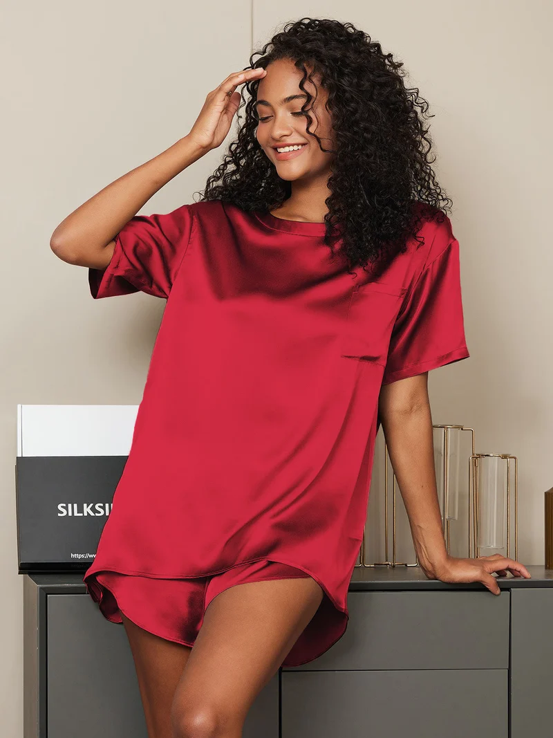 100% Maulbeerseide Damen-Kurzarm-Pyjama-Set mit Rundhalsausschnitt