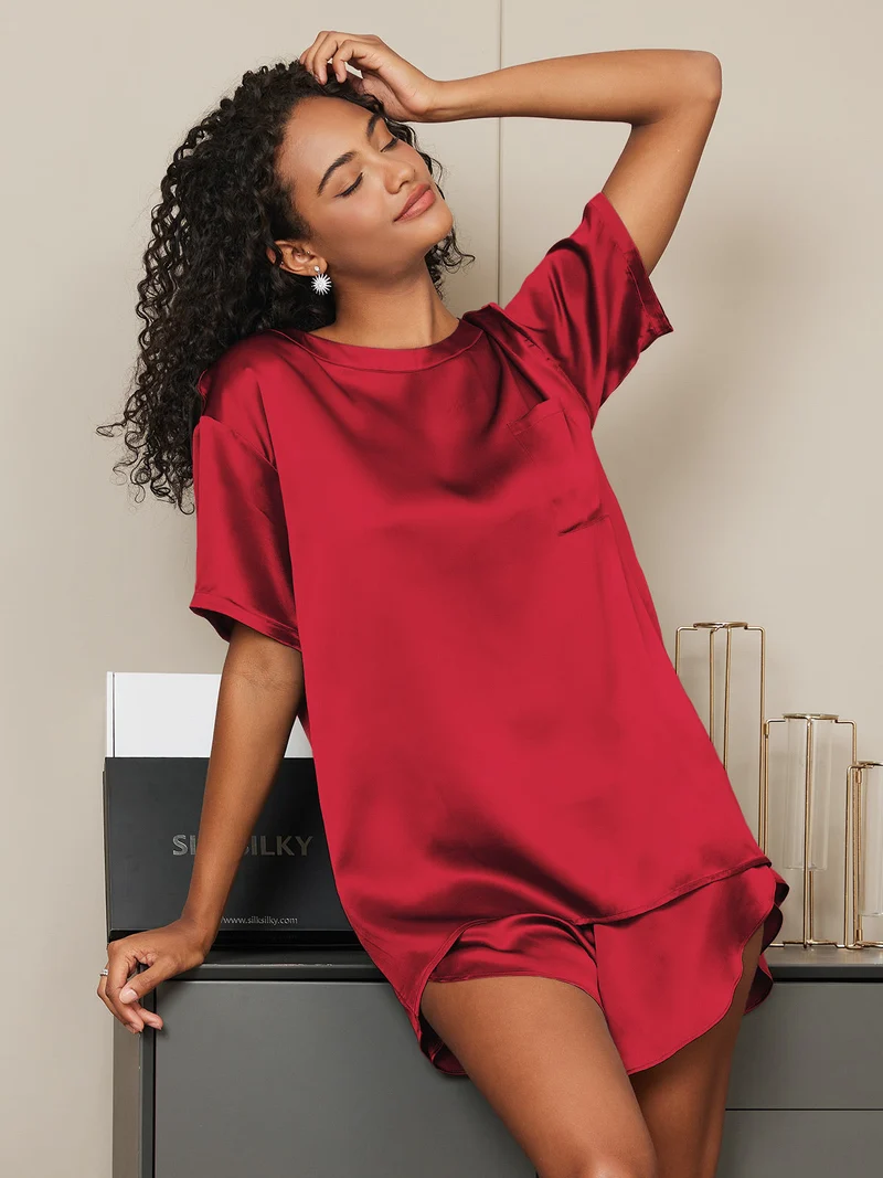 100% Maulbeerseide Damen-Kurzarm-Pyjama-Set mit Rundhalsausschnitt