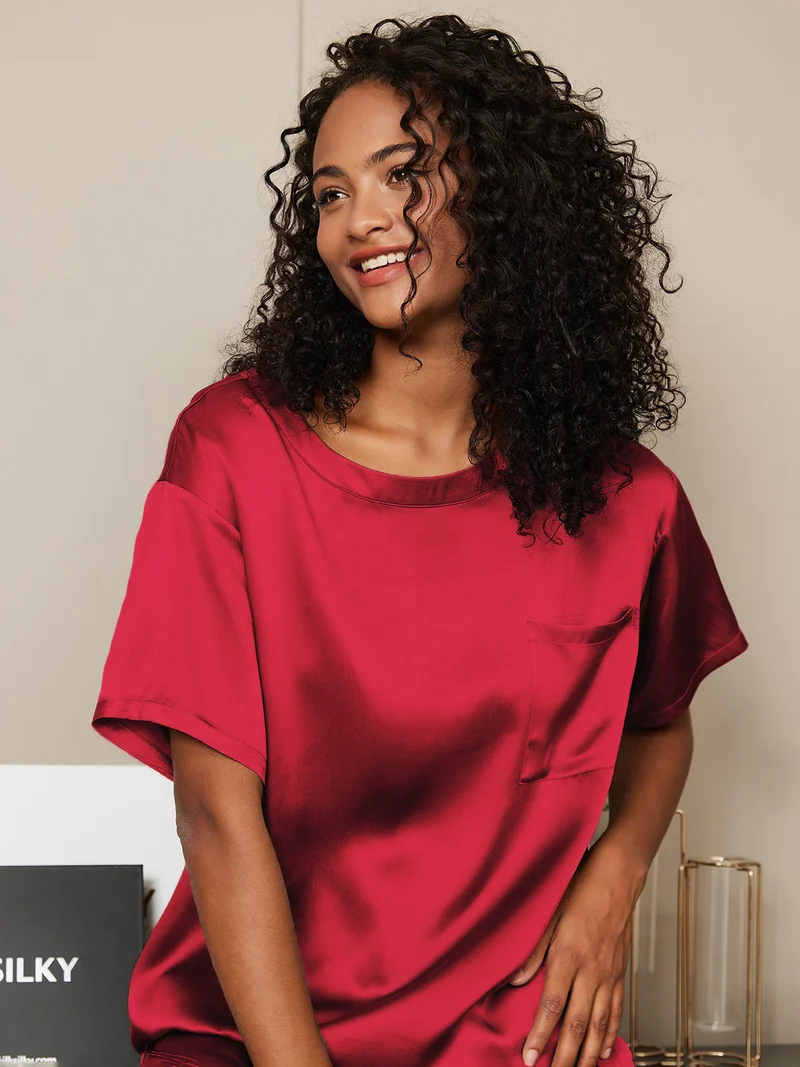 100% Maulbeerseide Damen-Kurzarm-Pyjama-Set mit Rundhalsausschnitt