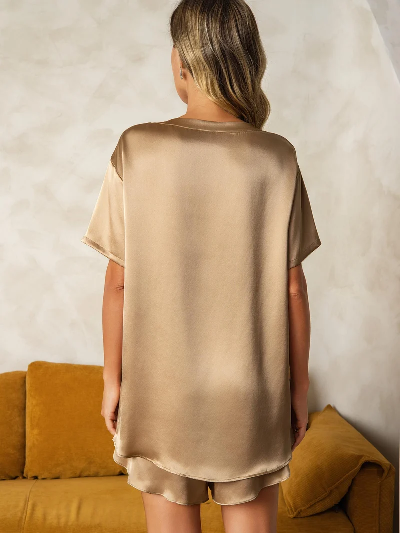100% Maulbeerseide Damen-Kurzarm-Pyjama-Set mit Rundhalsausschnitt
