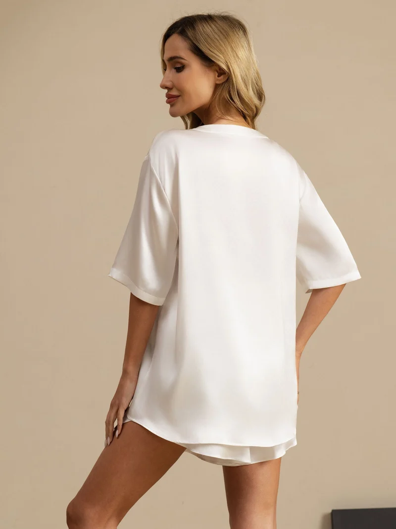 100% Maulbeerseide Damen-Kurzarm-Pyjama-Set mit Rundhalsausschnitt