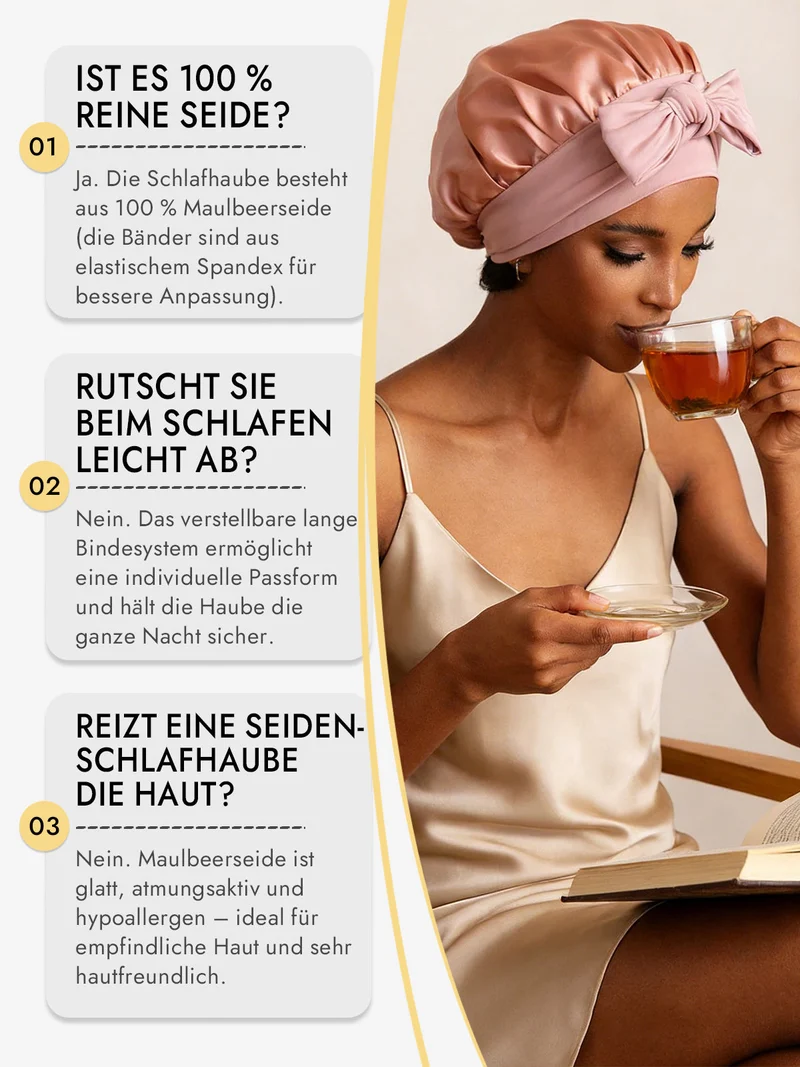 100% Maulbeerseide Schlafhaube mit Schleifenband zum Haarschutz
