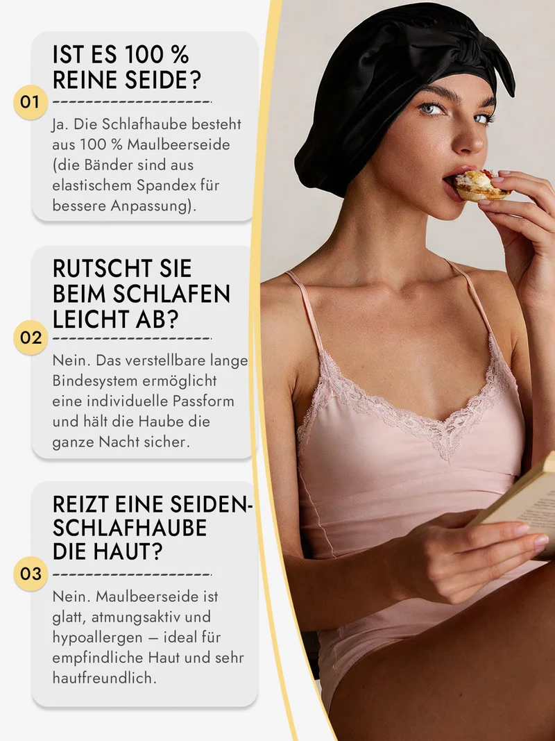 100% Maulbeerseide Schlafhaube mit Schleifenband zum Haarschutz