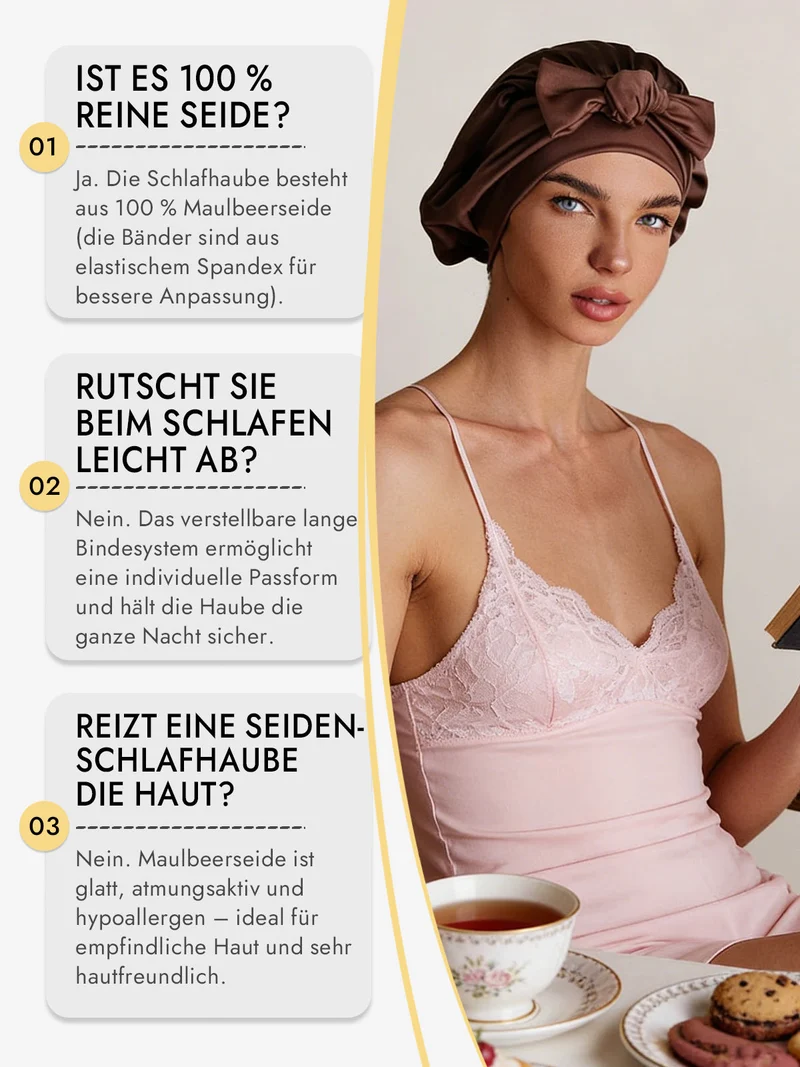100% Maulbeerseide Schlafhaube mit Schleifenband zum Haarschutz